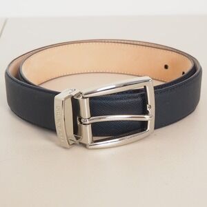 Bruno Magli Navy Textured Leather Belt Men's Sz 34 Silver Buckle Made in Italy